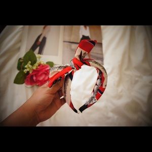 Red White Floral Print Bow Headband Hairband